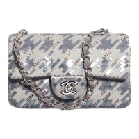 CHANEL Embroidery Satin Crossbody Bag Shoulder Bag Women's Gray & White