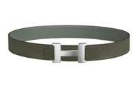 HERMES Comfortable Double-Sided Silver Buckle Epsom Calfskin Double-Sided Leather Belt Men's Green Width: 3.8cm