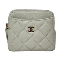CHANEL Grained Cow Leather Clutches Card Holder Wallet Women's Gray White