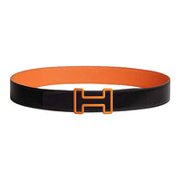 HERMES Calfskin Leather Belts Men's Black/Orange Width 3.8cm