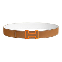 HERMES Calfskin Leather Belts Men's Brown White Width: 3.8CM