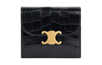 CELINE Triomphe Crocodile Leather Wallet Small Size Women's Black