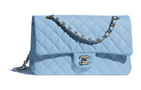 CHANEL Classic Flap CF Textured Calfskin Shoulder Bag Crossbody Bag Medium Size Women's Bright Blue