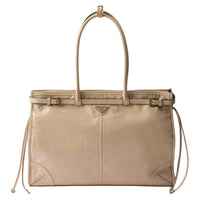 PRADA Soft Leather Shoulder Bag Crossbody Bag Handbag Large Size Women's Travertine