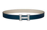 HERMES Medium Gray Buckle Togo Calfskin Double-Sided Leather Belt Women's Blue Width: 3.2cm