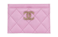 CHANEL Embossed Shiny Calfskin Card Holder Women's Pink