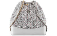 CHANEL Gabrielle Canvas Woven With Leather One Shoulder Crossbody Portable Hobo Bag Backpack Women's Silver Gray