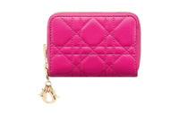 DIOR Lady Dior Lambskin Coin Purses Wallets Small Size Women's Rose Red