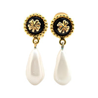 CHANEL 2003 Gold Plated Clover Faux Pearl Drop Costume Earrings