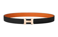 HERMES Double-Sided Comfortable Gold Buckle Togo Calfskin Double-Sided Leather Belt Women's Black/Orange Width: 2.4cm