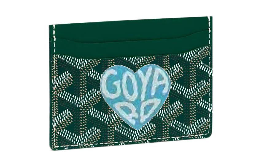 GOYARD Canvas With Calfskin Card Clip Card Holder Unisex Green With Light Blue Small Heart