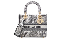 DIOR Lady D-Lite Embroidery Shoulder Bag Crossbody Bag Handbag Medium Size Women's White & Black