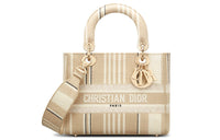 DIOR Lady Dior Striped Embroidered One Shoulder Handbags Medium Size Women's Beige
