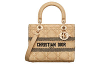 DIOR Lady D-Lite Raffia Shoulder Bag Crossbody Bag Handbag Medium Size Women's Brown