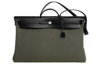 HERMES Herbag Zip Canvas With Hunter Cow Leather One Shoulder Handbags Men's Gray Green & Black