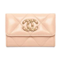 CHANEL Smooth Finish Lambskin Card Holder Women's Beige