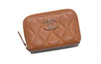 CHANEL Shiny Beaded Embossed Calfskin Coin Purse Women's Light Brown