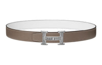HERMES Letter Etched Trendy Versatile Silver Buckle Epsom Calfskin Belt Men's Brown Width: 3.2cm