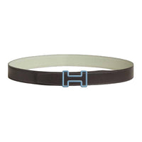 HERMES Stainless Steel Leather Belts Men's Black Green Width 3.2CM