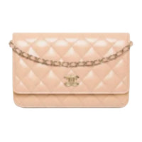 CHANEL Shiny Lambskin Shoulder Bag Women's Beige