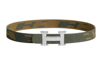 HERMES H Stripes Silver Buckle Double-Sided Nylon Mesh Belt Men's Gray Green/Dark Green Brown Width: 3.2cm