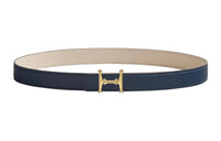 HERMES Mors H Smooth Buckle & Double-Sided Swift And Epsom Calfskin Leather Belts Women's Navy/Chalk White Width: 2.4cm