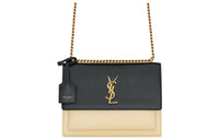 SAINT LAURENT SUNSET Smooth Leather Handbag, Shoulder Bag, Crossbody Bag Medium Size Women's Black/Beige