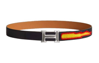 HERMES Flame Decoration Leather Belts Men's Black Width 3.3cm