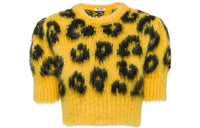 MIU MIU Women's Leopard Knit Cropped Wool Sweater Yellow