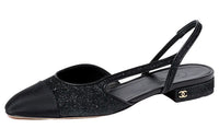 CHANEL Glitter 20mm Slingbacks Black Grosgrain Women's
