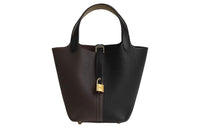 HERMES Picotin Clemence Bullock Leather Basket Bag Handbag Women's Black & Beige