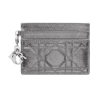 DIOR Lady Dior Wicker Pattern Calfskin Card Holder Women's Silver