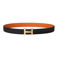 HERMES Badge Design Calfskin Leather Belts Men's Orange/Color Image/Gold Width 2.4cm