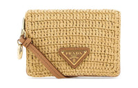 PRADA Raffia With Leather One Shoulder Crossbody Card Holder Women's Beige