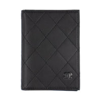 CHANEL Diamond Pattern Matte Cow Leather Passport Clip Card Holder Wallet Small Size Women's Black
