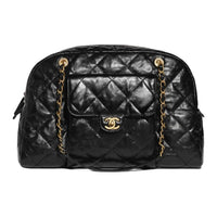 CHANEL Pleated Calfskin One Shoulder Handbag Extra Large Women's Black