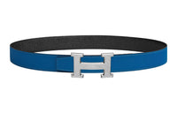 HERMES H Embossed Silver Buckle Epsom Calfskin Double-Sided Belt Women's Blue Width: 3.2cm