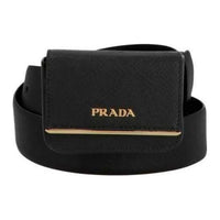 PRADA Letter Emblem Smooth Buckle Genuine Leather Metal Leather Belts Women's Black Width 3.5CM