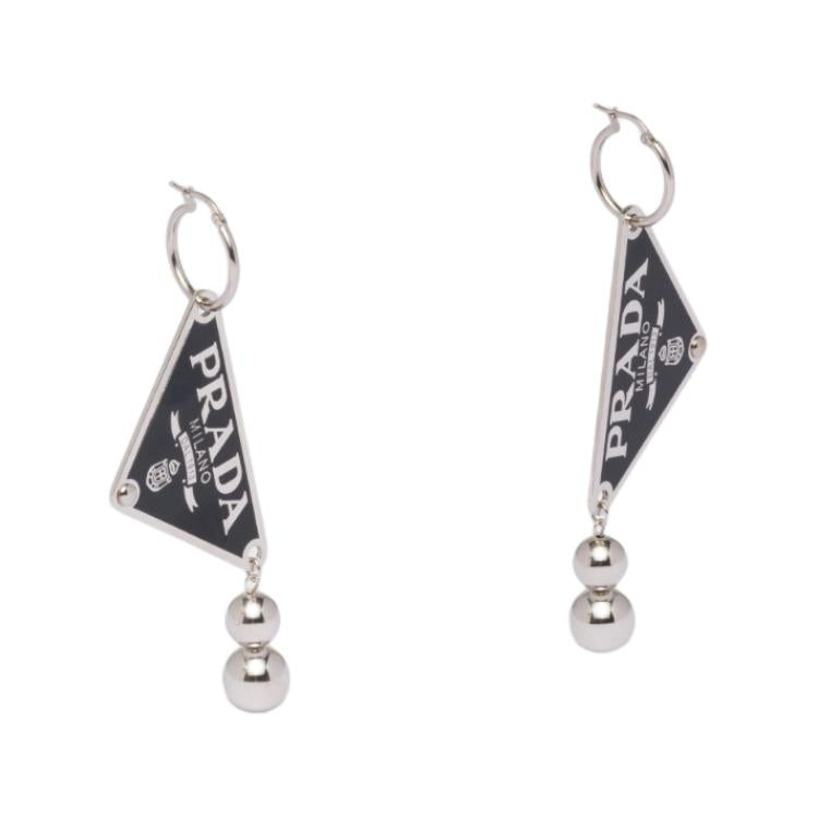 PRADA 925 Sterling Silver Enamel Earrings Women's Black Silver