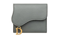 DIOR Saddle Grained Calfskin Card Holder Wallet Women's Rock Gray