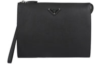 PRADA Cow Leather Wrist Bag Clutch Men's Black
