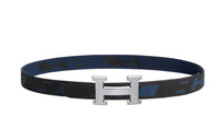 HERMES Comfortable Elegance Silver Buckle Nylon Mesh Double-Sided Belt Men's Black/Indigo Width 32mm