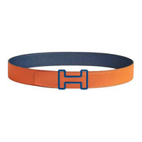 HERMES Calfskin Leather Belts Men's Orange Blue Width 3.8CM