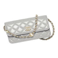 CHANEL Shiny Lambskin One Shoulder Crossbody Cell Phone Pouch Women's Gray