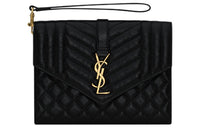 SAINT LAURENT Textured Shiny Grained Leather Envelope Bag Clutches Women's Black