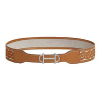 HERMES Calfskin Canvas Palladium-Plated Metal Leather Belts Women's Brown Width 2.4CM