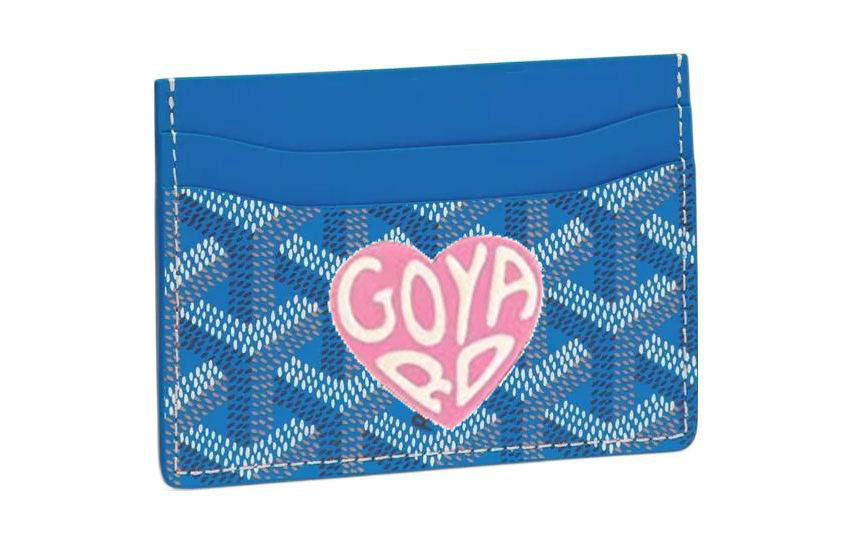 GOYARD Canvas With Calfskin Card Clip Card Holder Unisex Sky Blue With Pink Heart Design