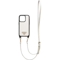 PRADA Leather Material Adjustable Detachable Saffiano Leather Shoulder Strap Phone Cases For IPhone 15 Pro Solid Color