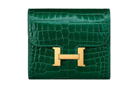 HERMES Constance Slim Crocodile Leather Wallet Women's 6Q Vert Emeraude Emerald Green
