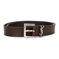 SAINT LAURENT Logo Emblem Pin Buckle Calfskin Leather Belts Unisex Brown Width: 3CM